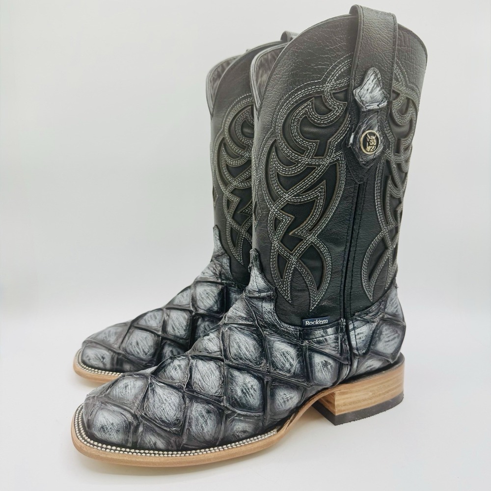 Rock'em Big Bass Print Boots Men's Size 7.5 EE‎ Black Leather  Square Toe